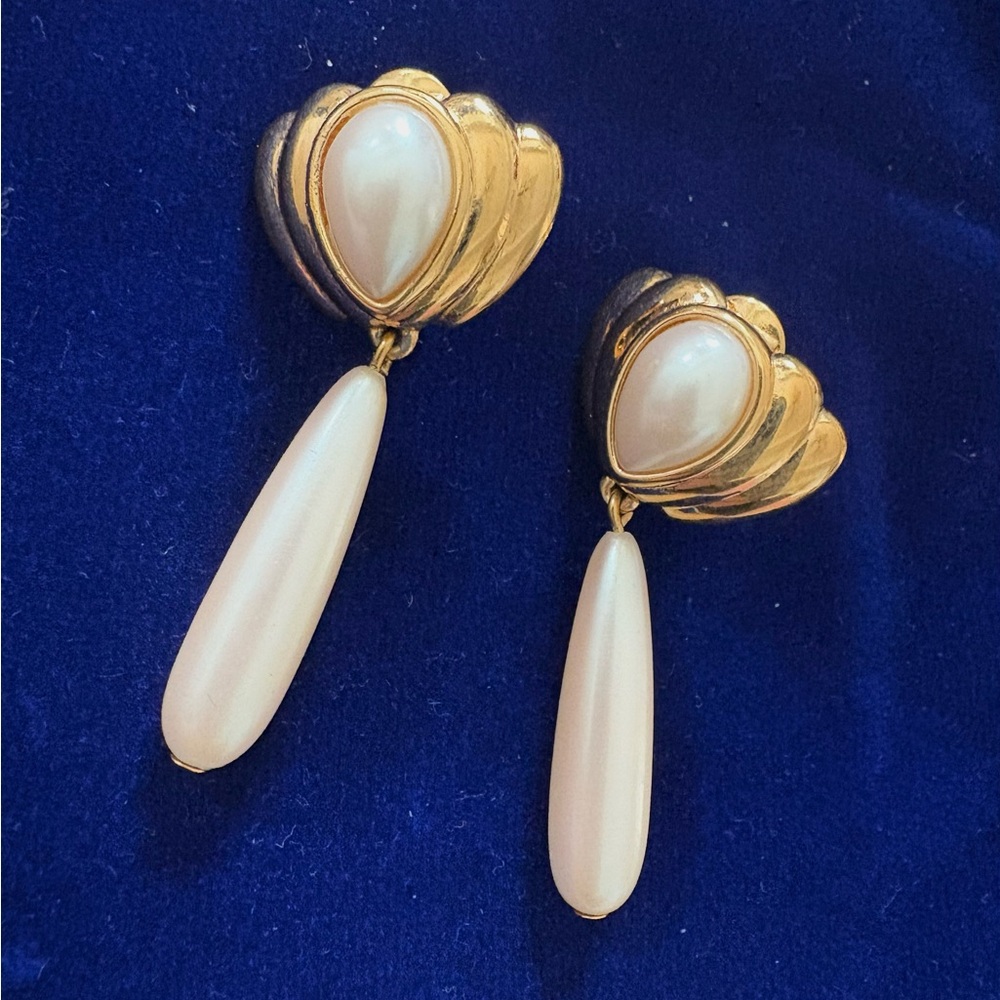 Monet Pearl Drop and gold tone earrings